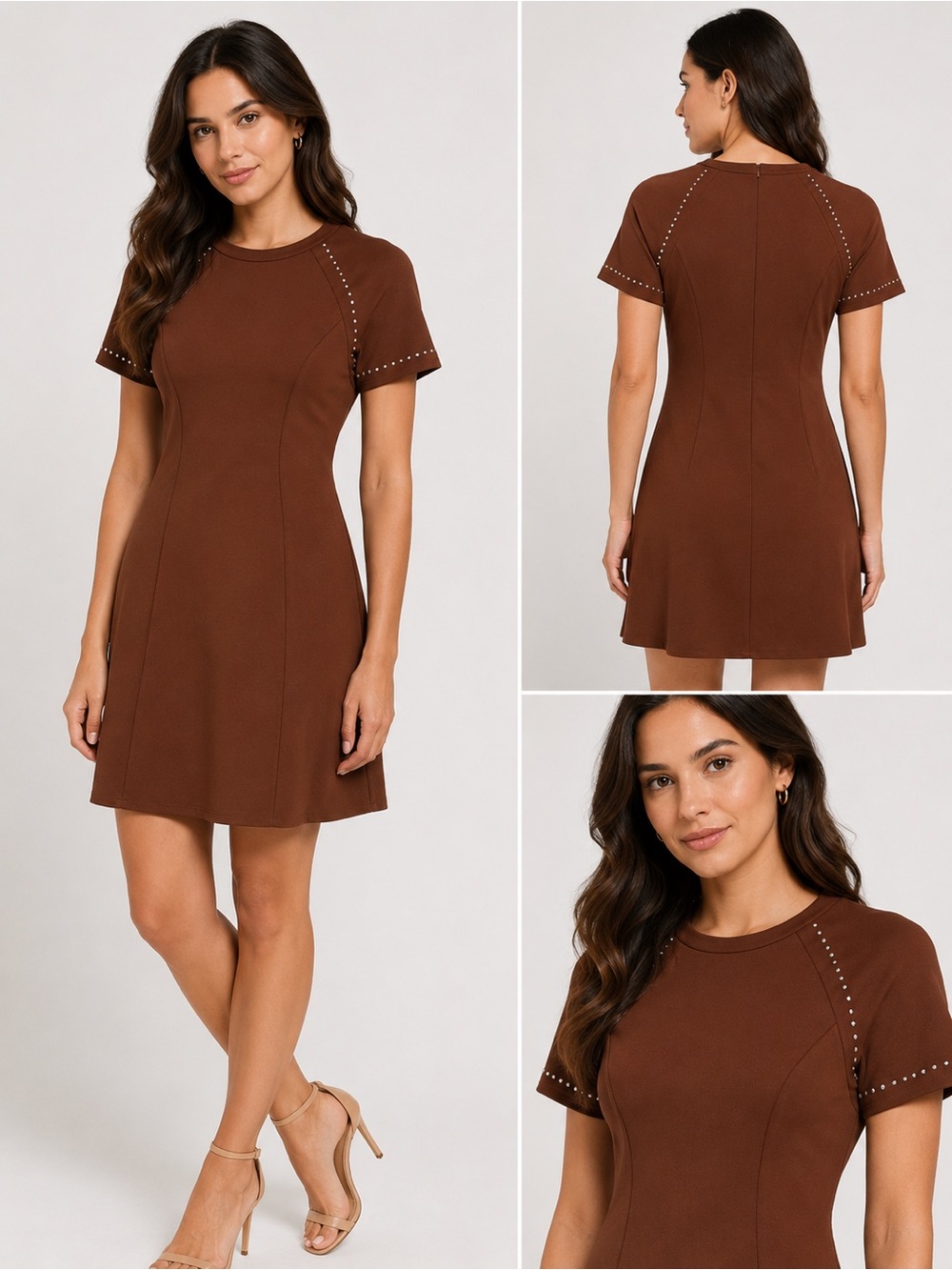 JessiMode Brown Studded Short Sleeve A-Line Dress Size S NWOT